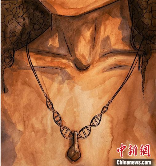 墜飾藝術(shù)再現(xiàn)圖，圖中吊墜繩為DNA螺旋樣式(圖片作者M(jìn)yrthe Lucas)?！∈┢樟指瘛ぷ匀?供圖