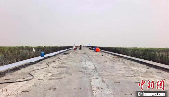 工作人員正在橋面上緊張有序地施工?！∈酚窠?攝