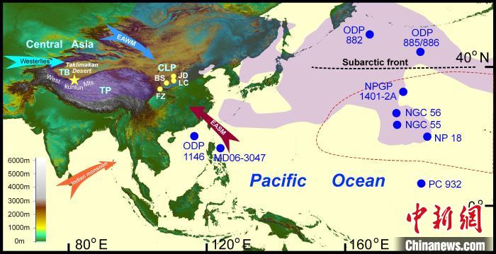 塔里木沙塵傳輸至北太平洋的路徑(陰影區(qū))及西昆侖山黃土巖芯位置(五角星)?！≈锌圃呵嗖馗咴?供圖