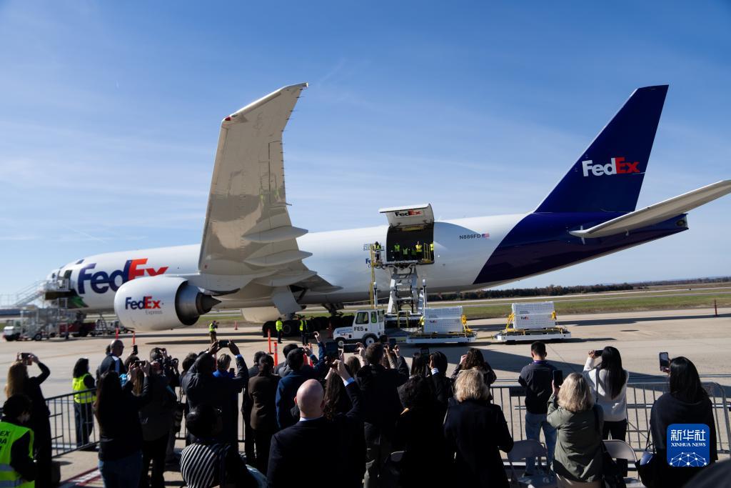 11月8日，在美國弗吉尼亞州的華盛頓杜勒斯國際機(jī)場，裝有大熊貓的特制“旅行包廂”準(zhǔn)備運(yùn)上專機(jī)。新華社記者劉杰攝