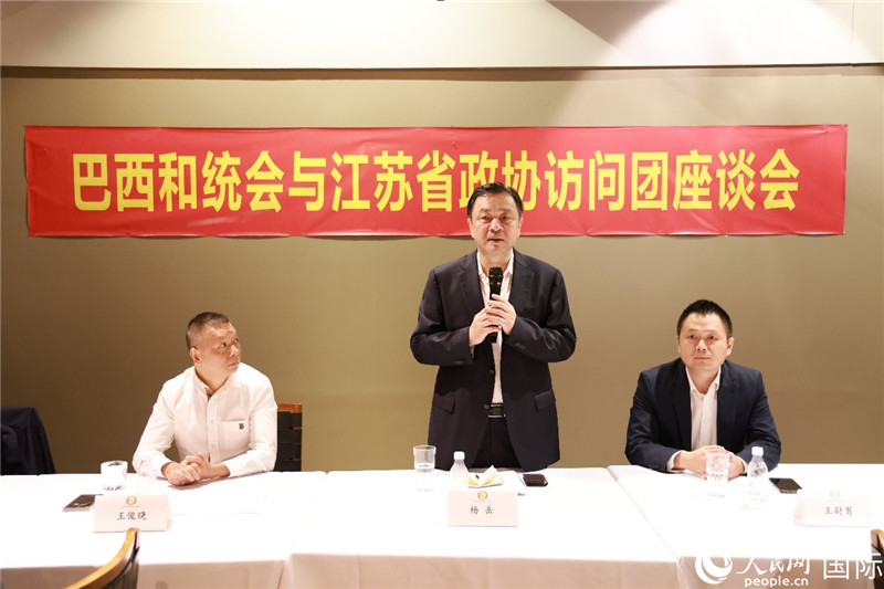 江蘇省政協(xié)副主席楊岳（中）在座談會上致辭。人民網(wǎng)記者 陳海琪攝