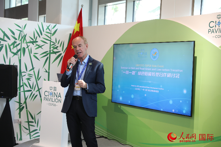 綠色聯(lián)盟聯(lián)合主席、世界自然基金會國際特使蘭博蒂尼在“一帶一路”綠色低碳轉(zhuǎn)型合作研討會上發(fā)言。人民網(wǎng)記者 張志文攝