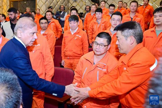 4月1日，在巴基斯坦西北部開伯爾-普什圖省達(dá)蘇，巴基斯坦總理夏巴茲（左）同達(dá)蘇水電站項目中方員工握手。新華社發(fā)（巴基斯坦新聞與廣播部下轄媒體信息部門供圖）