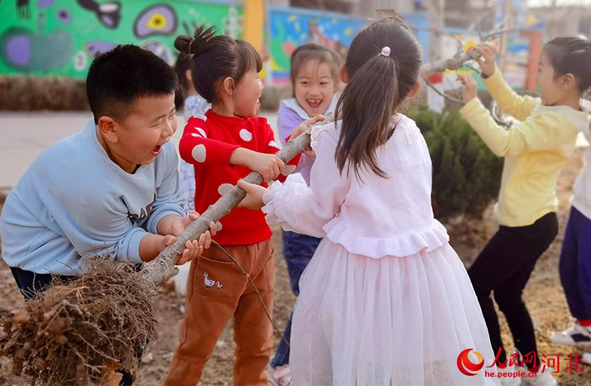 河北省東光縣小朋友們開心的種下小樹苗。 陳英華攝