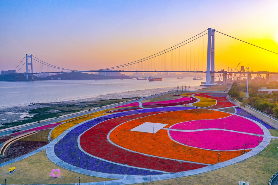 靖江長江畔的音樂花海廣場。盛義攝