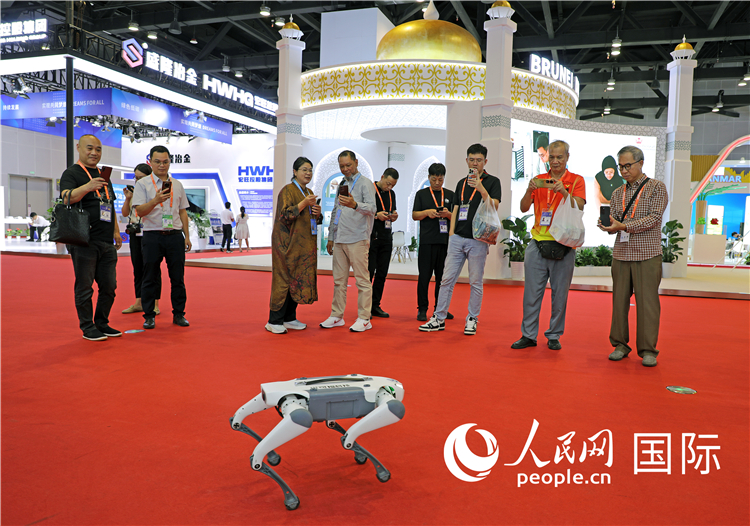 東博會(huì)上，觀眾正在參觀一只機(jī)器狗。綠色能源、新能源汽車、綠色農(nóng)產(chǎn)品等成為本屆東博會(huì)觀眾關(guān)注的焦點(diǎn)。人民網(wǎng)記者 趙益普攝