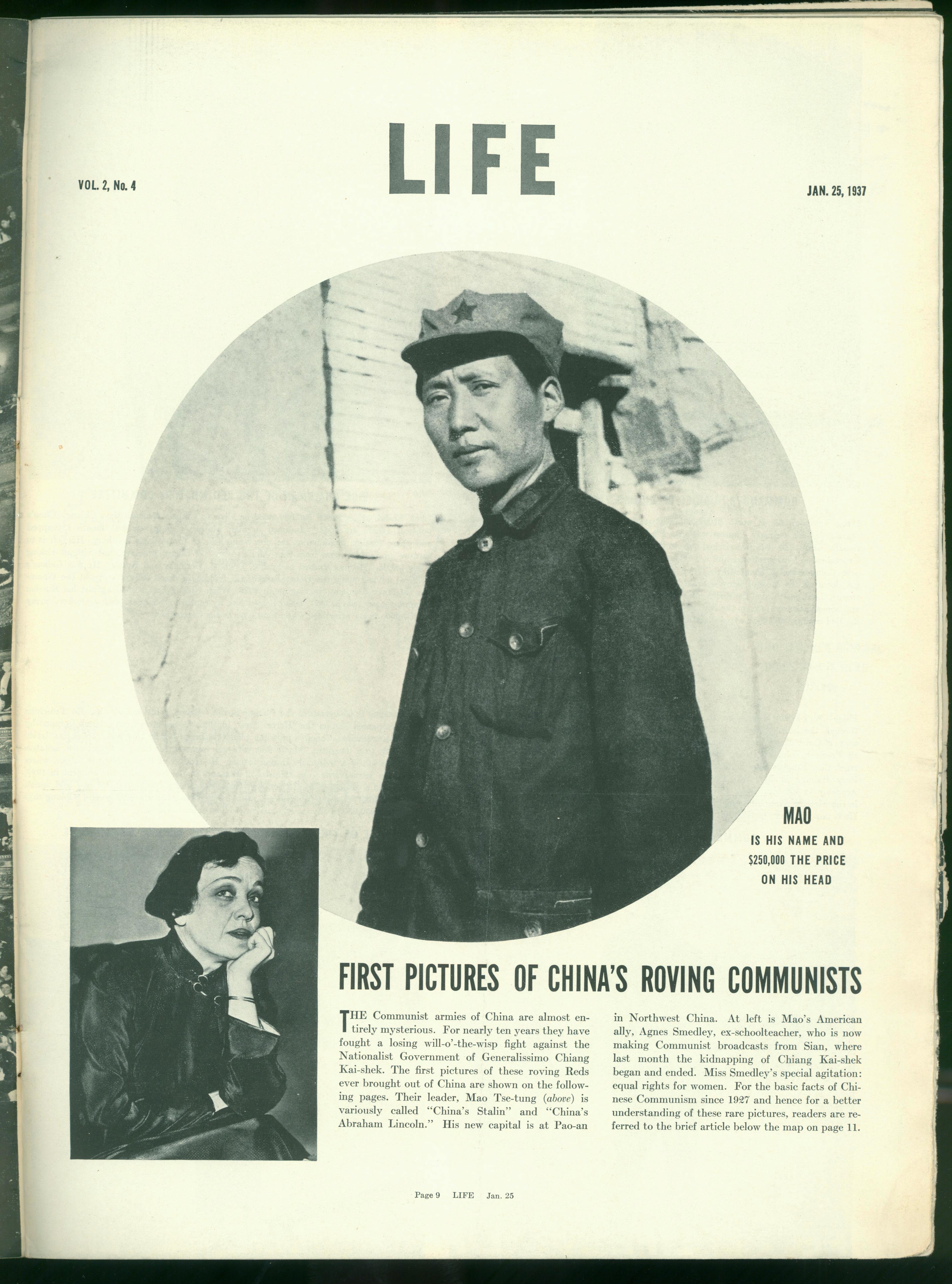 1937年1月25日，美國《生活》周刊刊登毛澤東照片，照片右下方寫著一行字：“毛，這是他的名字，他的人頭價值25萬元。”