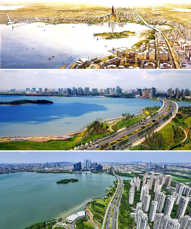 拼版照片：上圖為1994年繪制的蘇州工業(yè)園區(qū)手繪規(guī)劃圖；中圖為2007年拍攝的蘇州工業(yè)園區(qū)；下圖為2023年7月4日用無(wú)人機(jī)拍攝的蘇州工業(yè)園區(qū)。