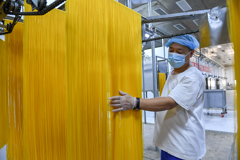 2024年1月25日，在吉林省公主嶺市的一家公司車間，工人查看玉米面條生產(chǎn)情況。