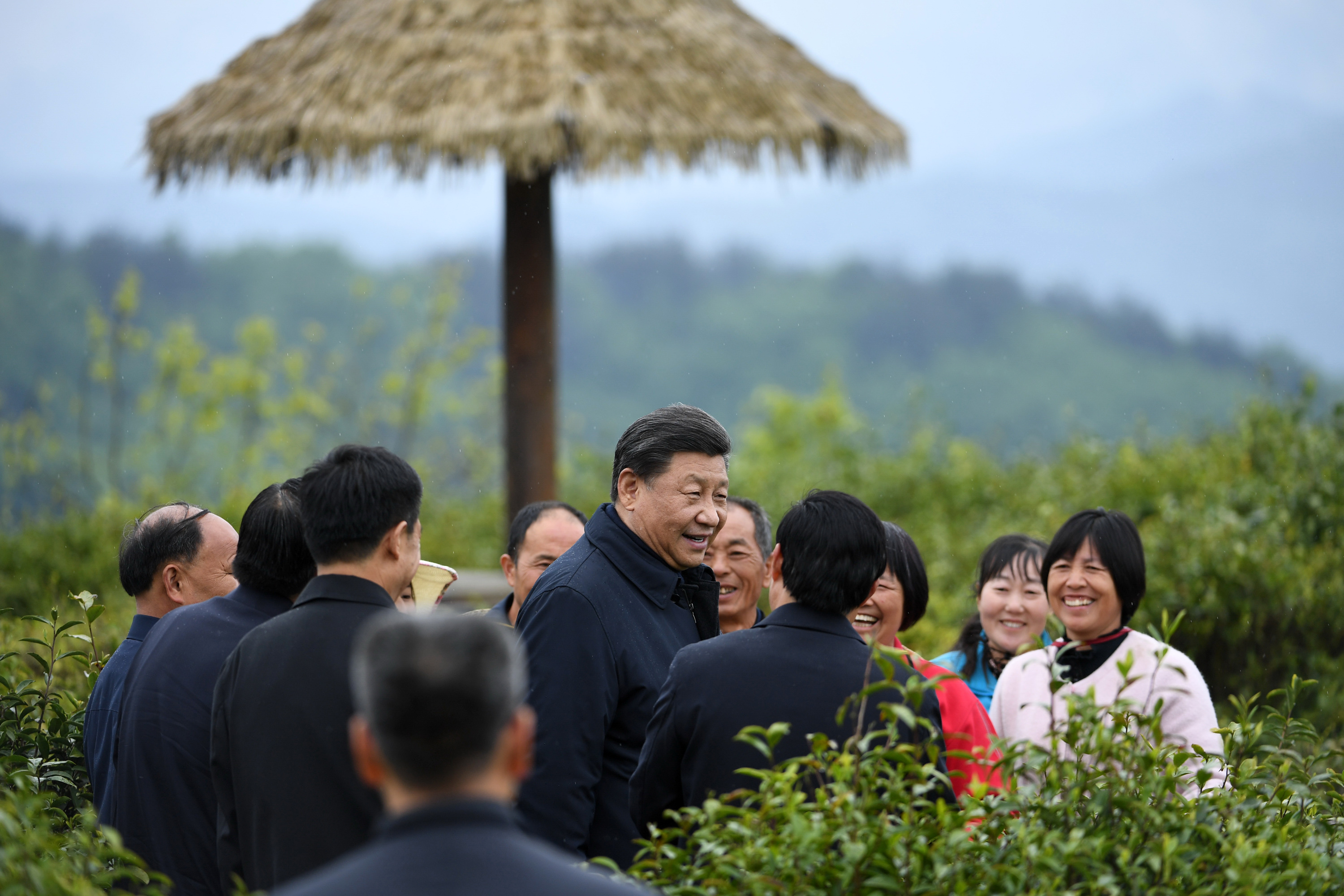 2020年4月21日，習(xí)近平在安康市平利縣老縣鎮(zhèn)蔣家坪村女媧鳳凰茶業(yè)現(xiàn)代示范園區(qū)，同茶農(nóng)們親切交談。