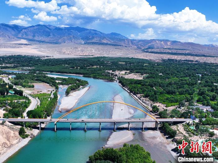 航拍貴德縣黃河岸畔綠意盎然。　馬銘言 攝