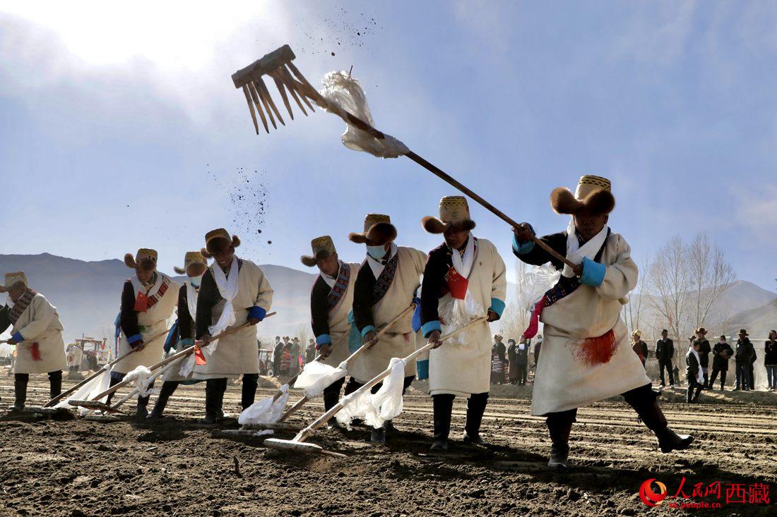 當(dāng)?shù)卮迕裆碇?jié)日盛裝，舉行春耕儀式。人民網(wǎng) 次仁羅布攝