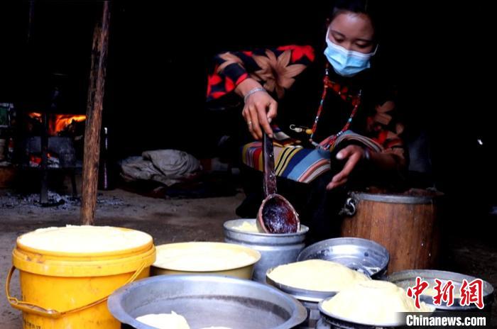 圖為牧民正在制作酥油?！∪湛t文聯(lián)供圖