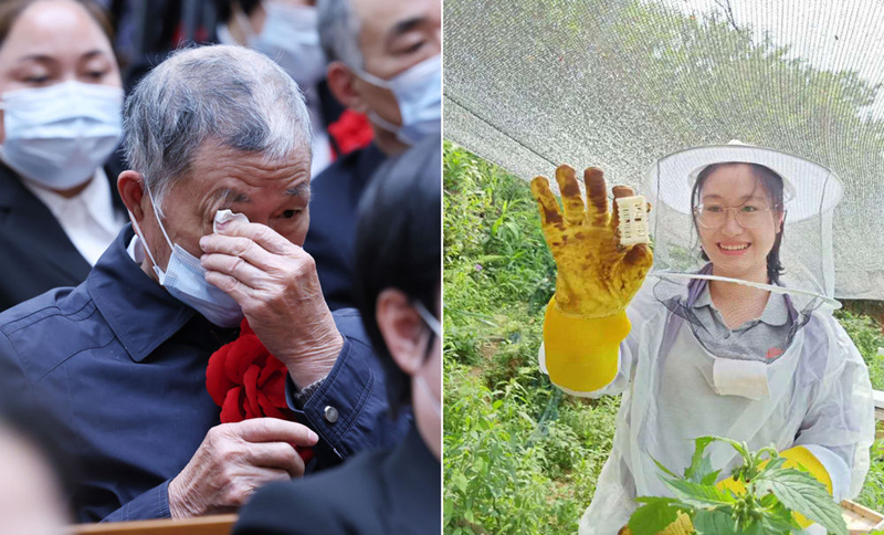 左圖為2021年2月25日，黃文秀的父親黃忠杰在全國脫貧攻堅表彰大會上；右圖為黃文秀生前工作照。