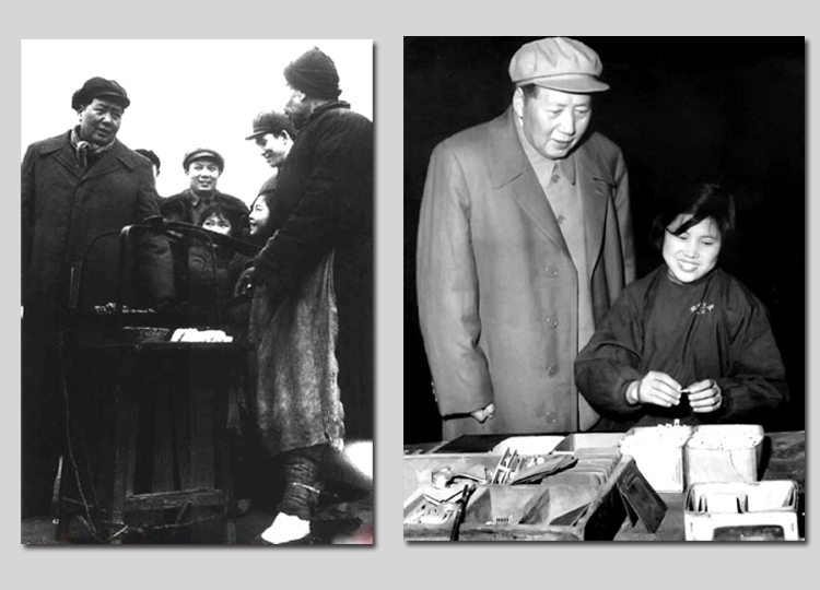 左圖：1953年，毛主席在湖北武漢蛇山與小販交談。右圖：1958年，毛主席視察沈陽市小型開關(guān)廠（今沈陽二一三電器有限公司），同裝配女工蘇玉春交談。