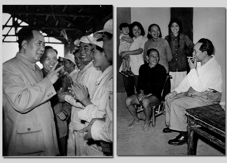 左圖：1959年，毛主席在安徽視察工廠時(shí)，同煉鋼工人親切談話。右圖：1959年，毛主席在湖南視察韶山，同貧農(nóng)社員親切談話。